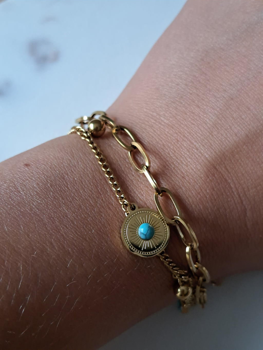 Dubbel armbandje, stainless steel, goudkleurig/blauw