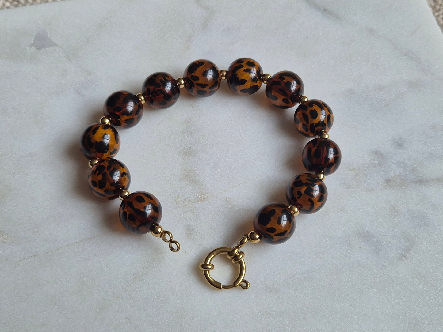Kralenketting en armband - panterprint - bruin met zwart en goud