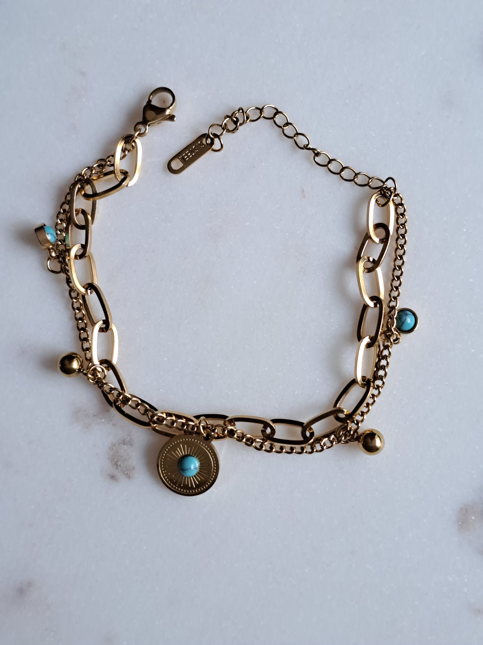 Dubbel armbandje, stainless steel, goudkleurig/blauw